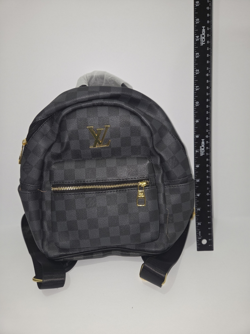 Small Black Checkered Fashion Mini Backpack Gold Tone Hardware Adjustable Straps